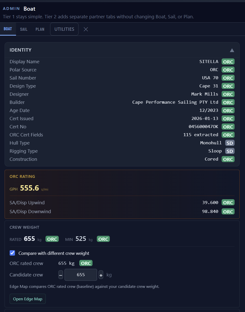 SailEdge Boat tab showing the Crew Weight feature section with checkbox and crew count input