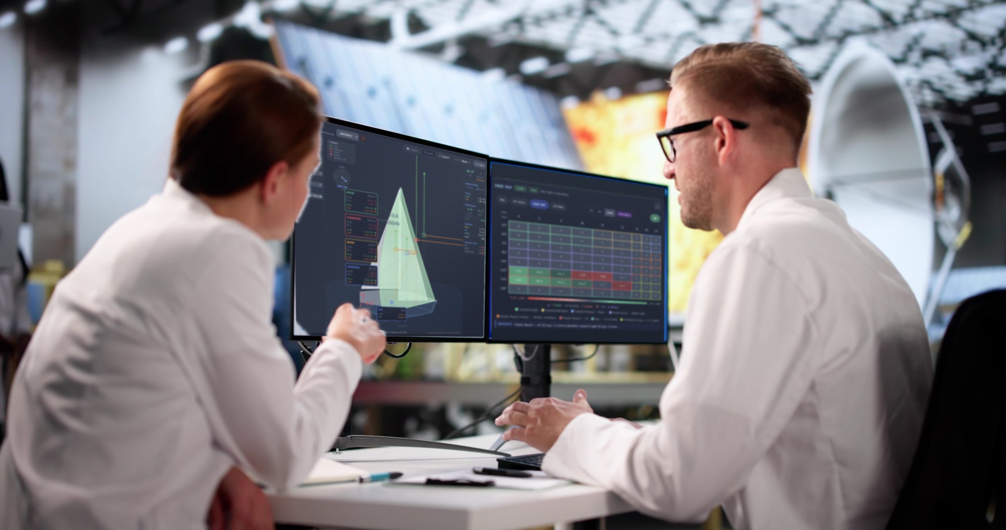 Two engineers collaborating at dual monitors reviewing 3D model and system diagrams